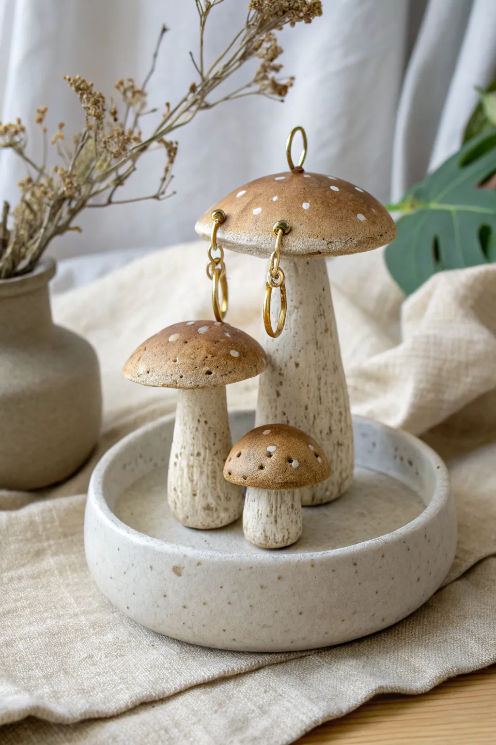 Chunky clay mushroom stand that displays studs and hoops beautifully in earthy, cozy minimal style
