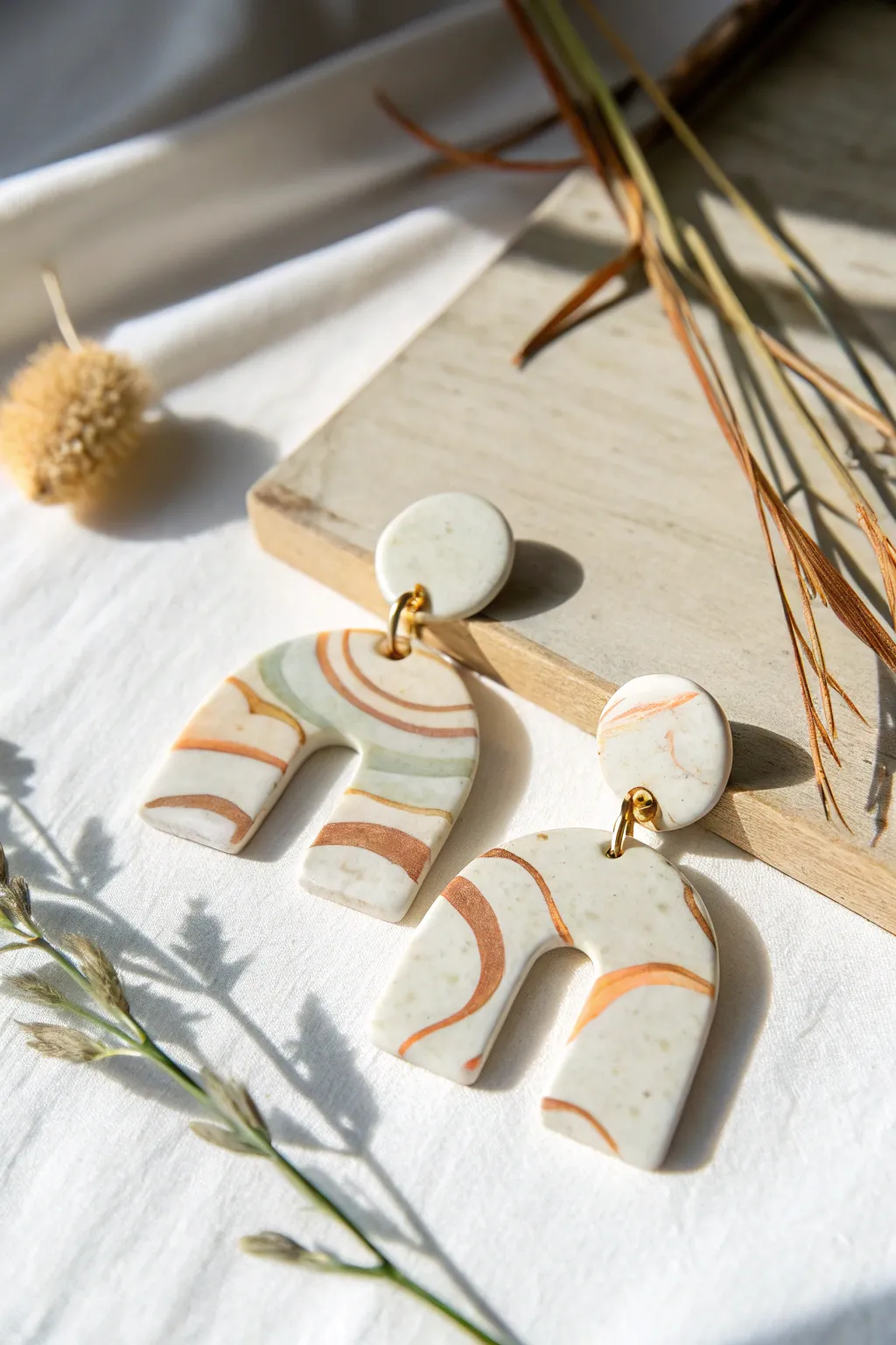 Simple marbled slab earrings in soft boho tones, perfect beginner clay project with a clean Nordic vibe.