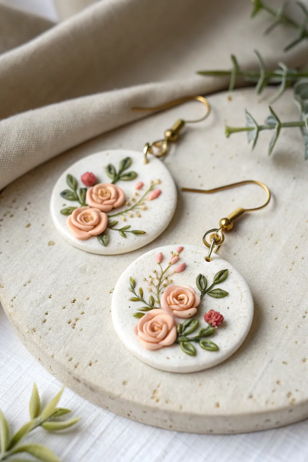 Delicate 3D floral clay earring with tiny roses and leaves in soft Scandinavian boho styling.