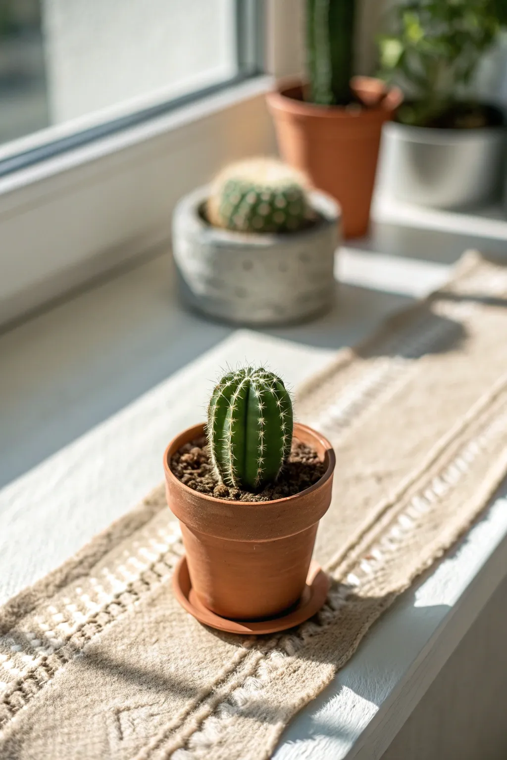 Mini clay cactus in a tiny pot, sunlit windowsill styling for simple boho home decor.
