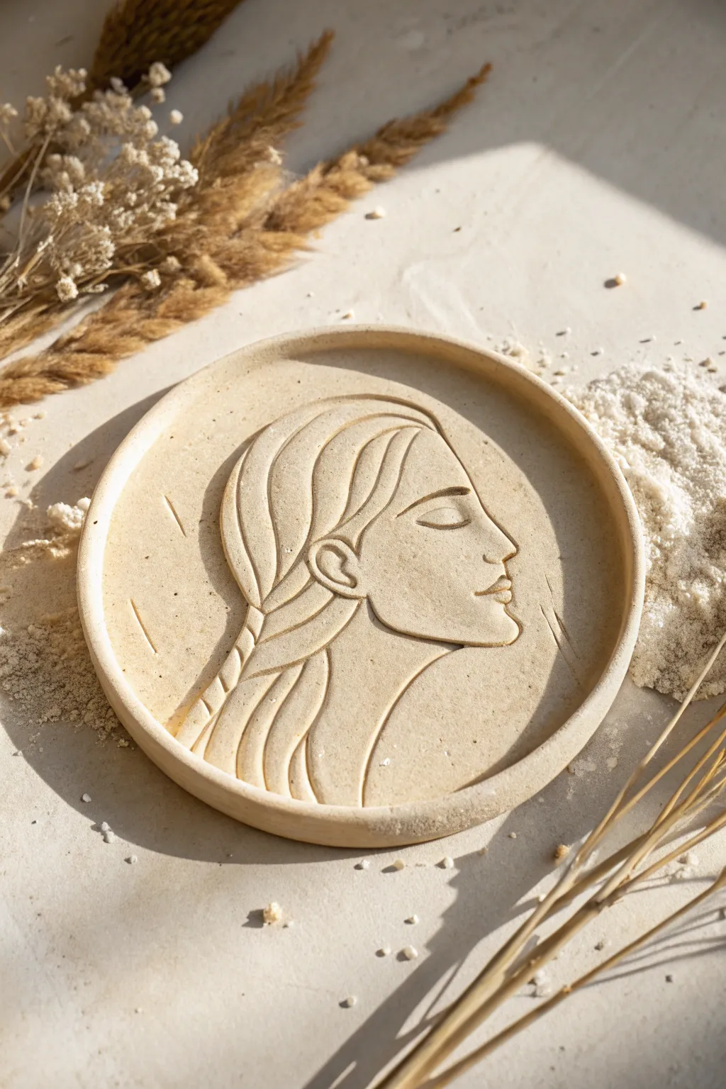 Minimal carved line-art face on a matte clay circle, clean and calming Scandinavian boho vibe.