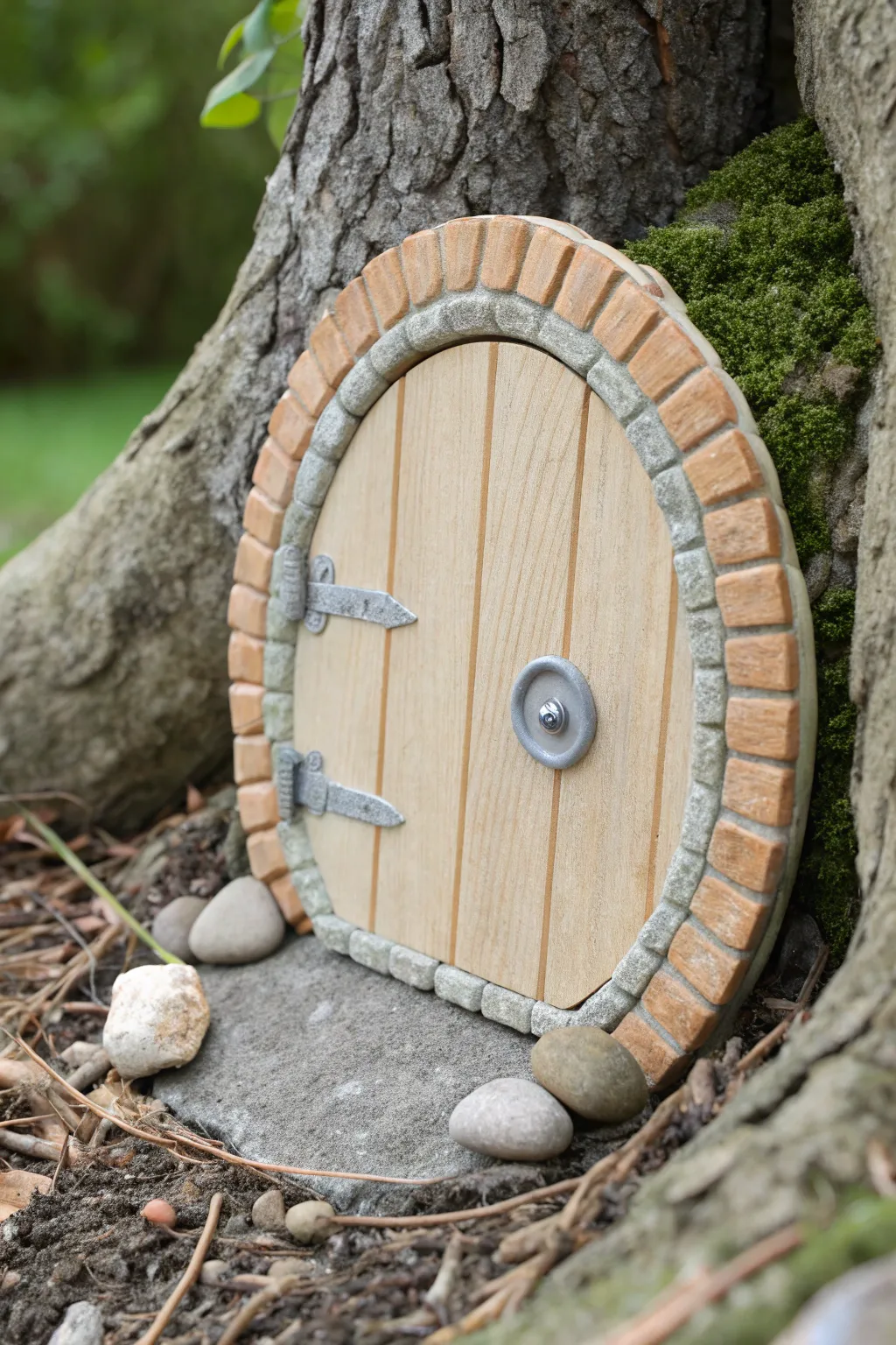 Round clay burrow fairy door with plank texture, tiny knob, and stone rim for a cozy woodland look.
