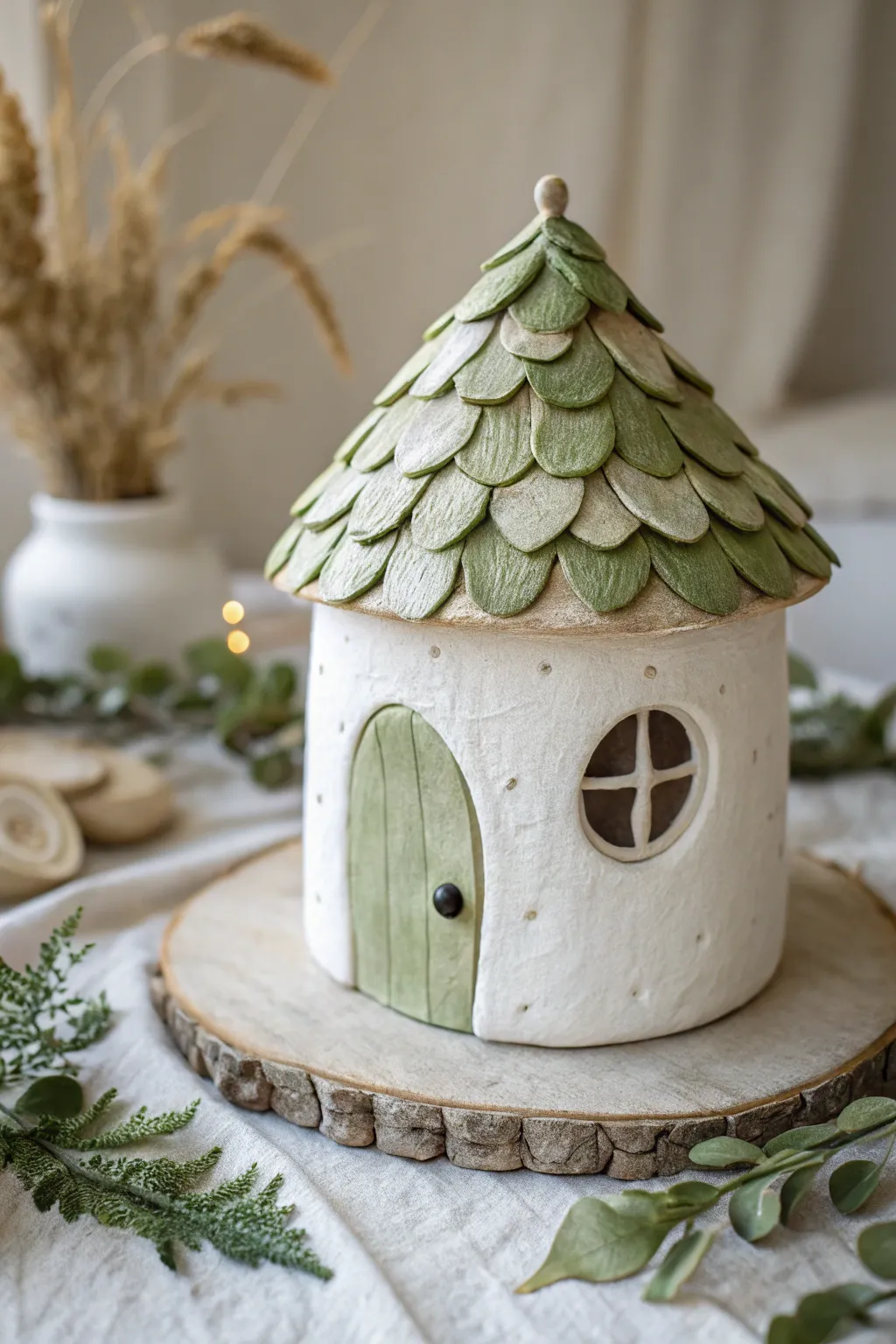 Minimal clay fairy house with a leafy shingle roof, showcasing simple walls and nature-inspired texture.