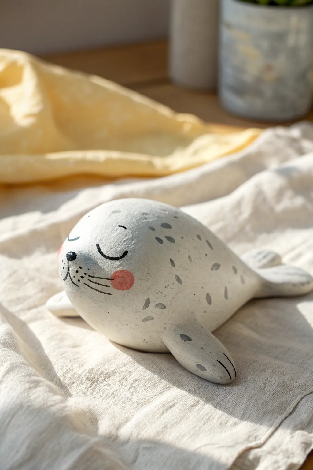 Sleepy seal clay figure with blushy cheeks, minimalist and cozy for a cute handmade display