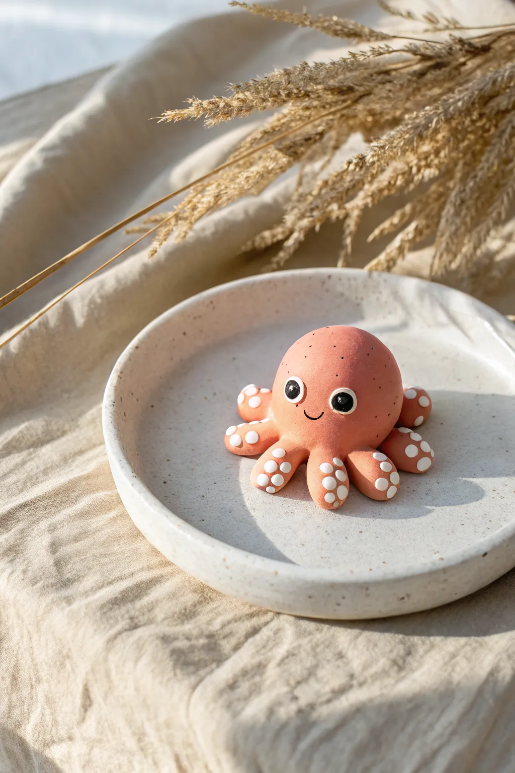 Make a cute clay octopus with curled arms, simple spots, and a happy kawaii face for kids