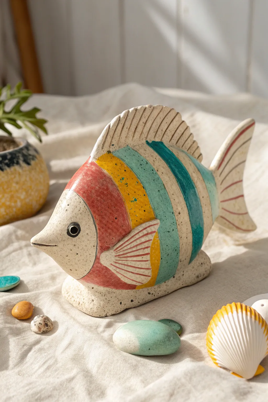 Tropical color-blocked clay reef fish with crisp bands, a minimalist boho statement piece.