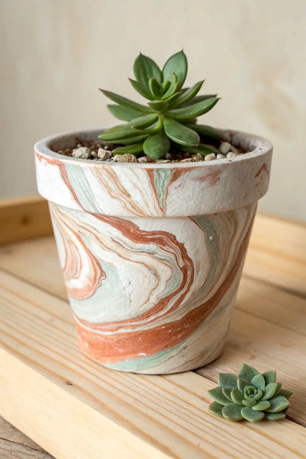 Easy marbled swirl clay pot in soft earthy tones, minimalist styling, and a simple green plant.
