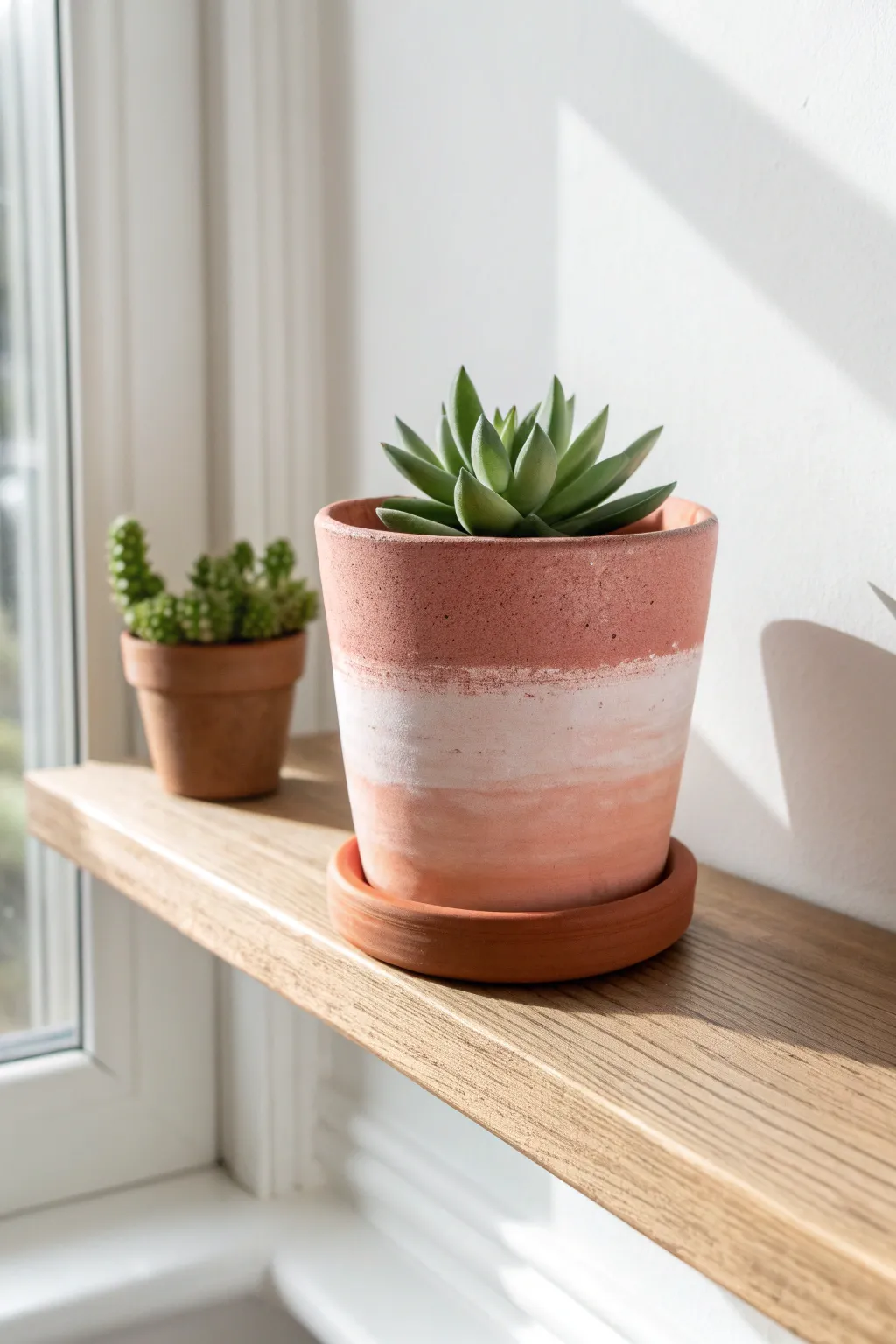 Simple ombre pot: soft blush fading into terracotta, perfect for an airy Scandinavian shelf.