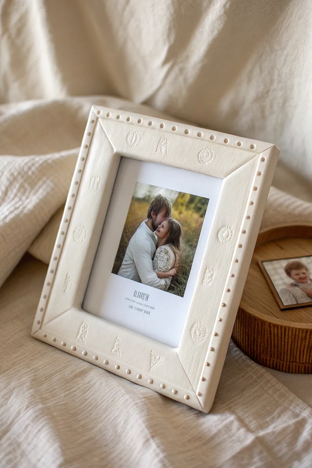 Minimal clay name-and-date frame idea with a sweet family photo, clean lines, and giftable charm.
