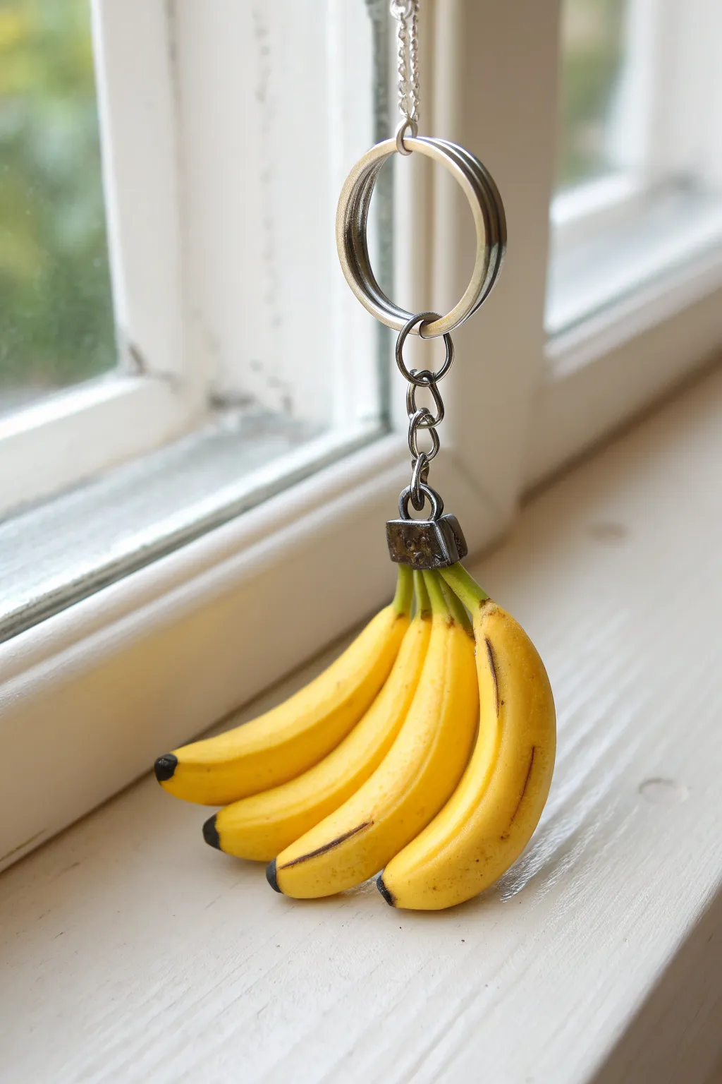 Mini banana bunch keychain charm in sunny yellow, minimalist styling and crisp focus
