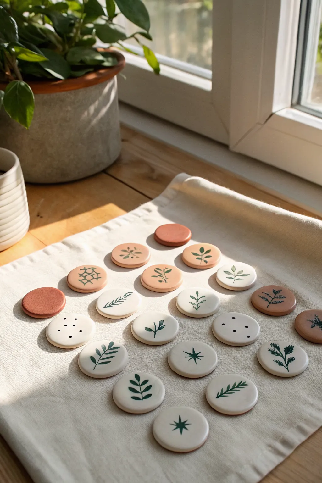 Clay memory match discs in a soft neutral grid, simple symbols, minimalist boho charm.