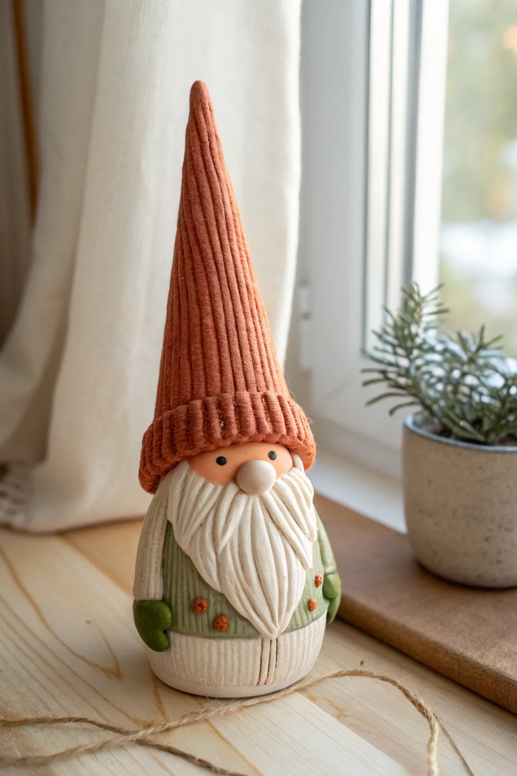 Knit-look ribbed hat clay gnome in warm creams and rust, minimalist boho decor inspiration.