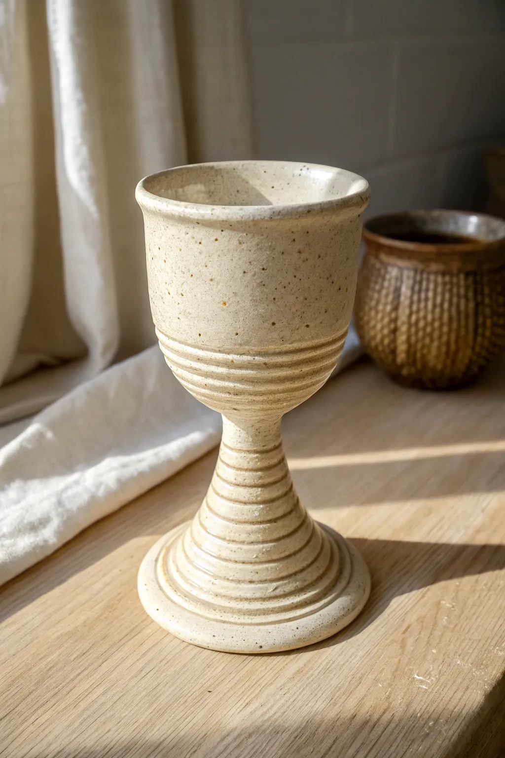 Spiral-carved stem clay goblet with side light for crisp texture and minimalist charm