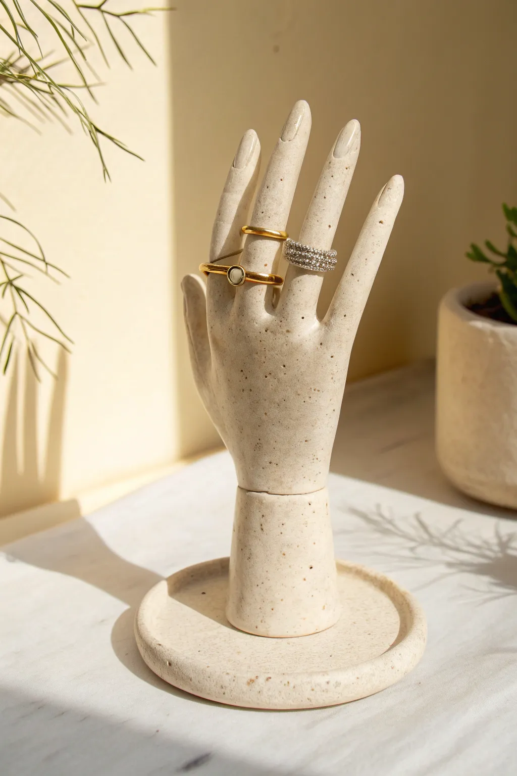 Minimal clay hand ring holder with simple rings, soft light, and clean Scandinavian calm