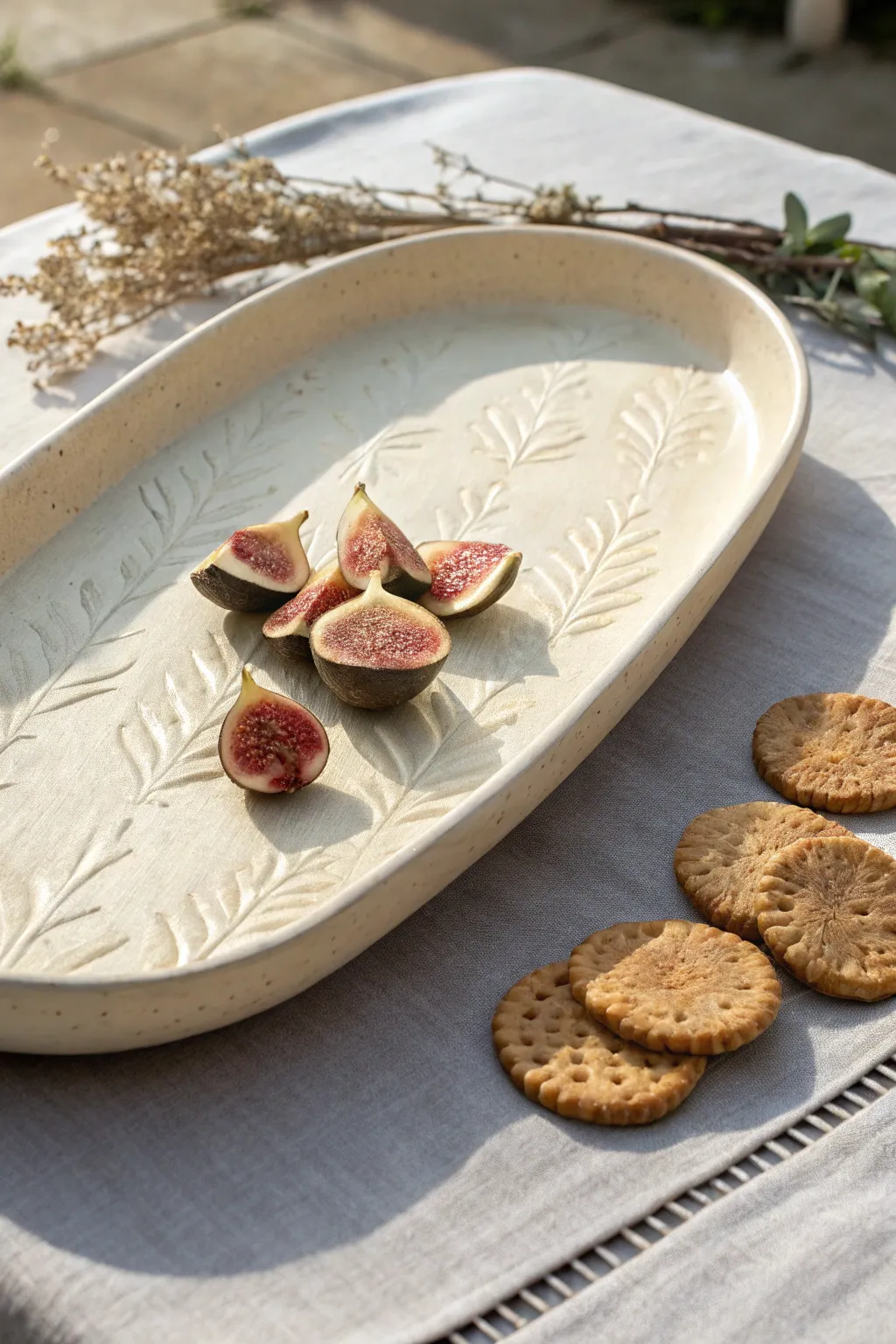 Bold textured slab platter with a simple statement pattern, styled minimal with soft snacks