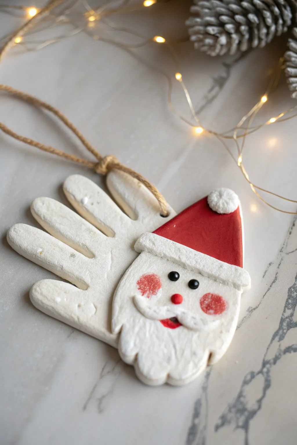 Minimal Santa handprint clay ornament with twine hanger, soft neutrals, and cozy handmade charm