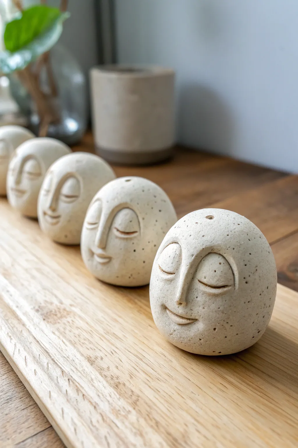 Four simple clay emotion heads in a calming minimalist lineup, perfect for expressive practice.