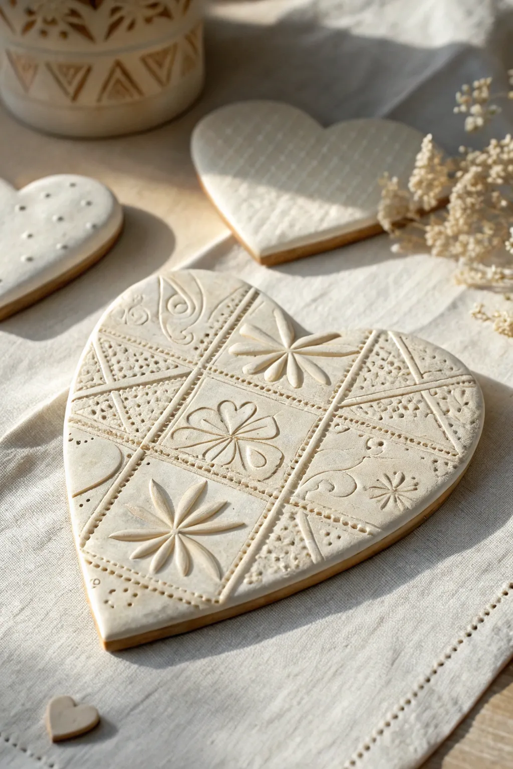 Raised stencil patterns bring simple clay hearts to life with crisp texture and soft minimal style.