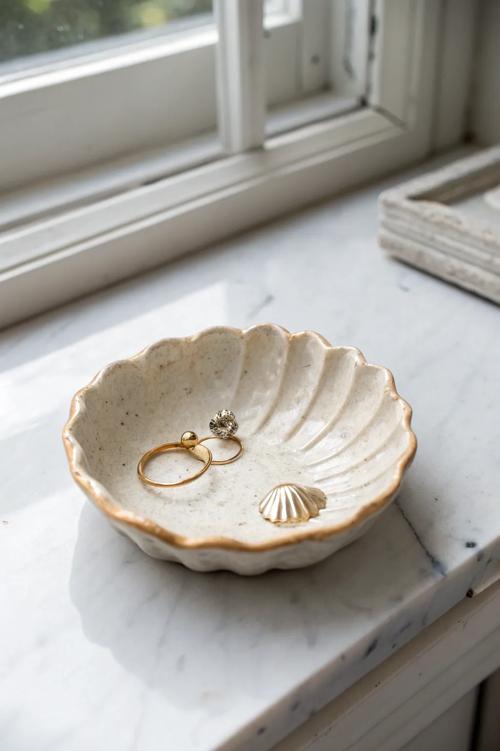 Glossy scalloped clay dish holder for studs and tiny charms, simple and beautifully handmade.