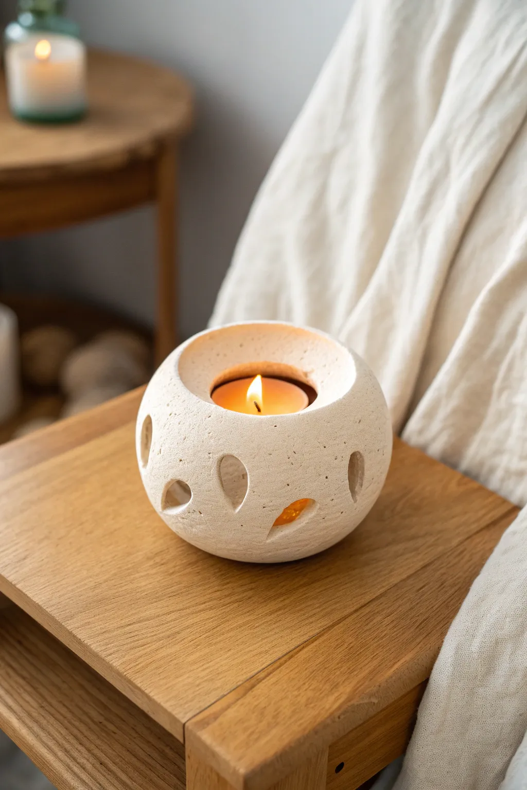 Chunky clay tea light holder with a warm cutout glow for an inviting minimalist boho decor moment.