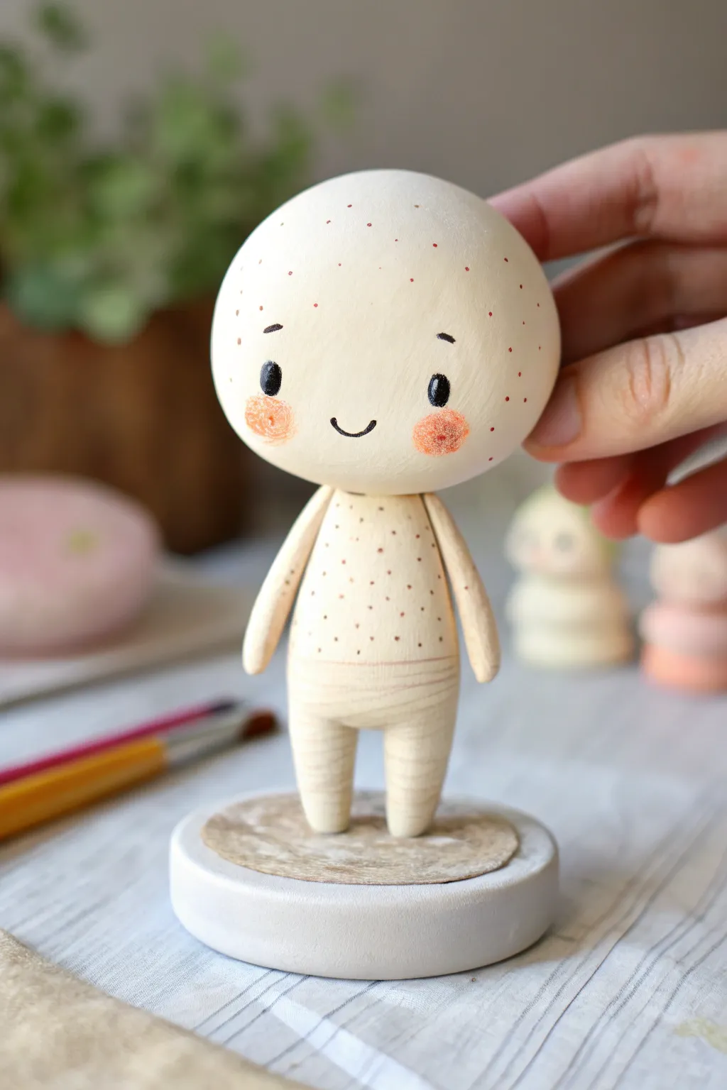 Chibi-style clay figure with a big head and tiny body, simple and sweet for beginners