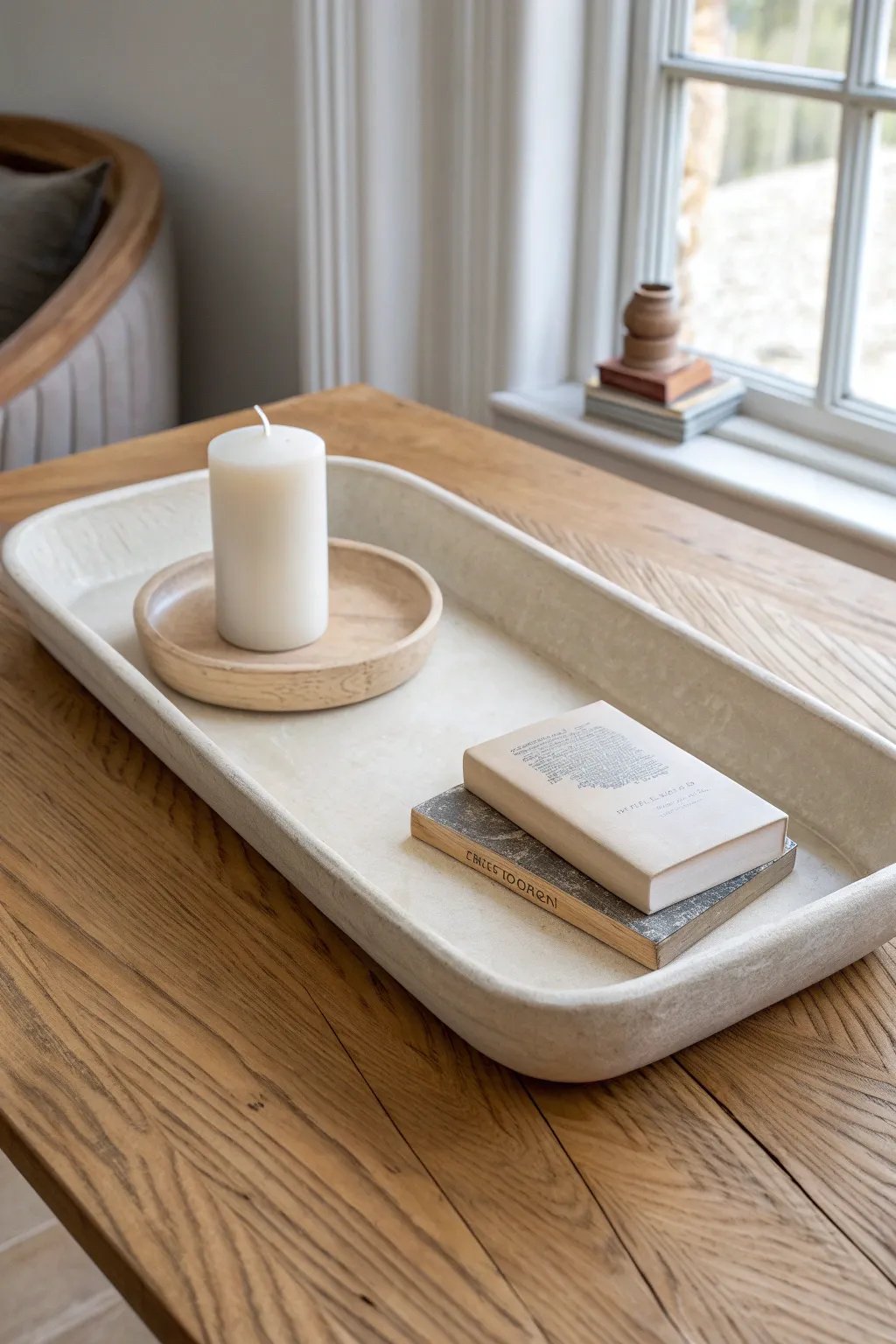 Large textured clay tray for your coffee table, styled with a candle and books for scale.