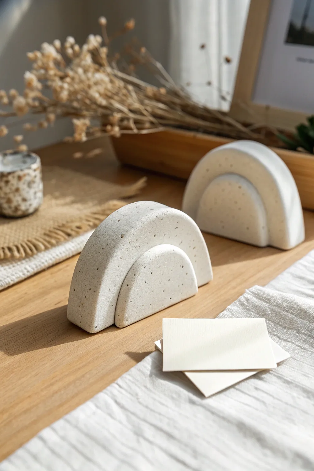 Minimal clay slot card holder on a warm oak desk, Scandinavian calm with a boho touch.