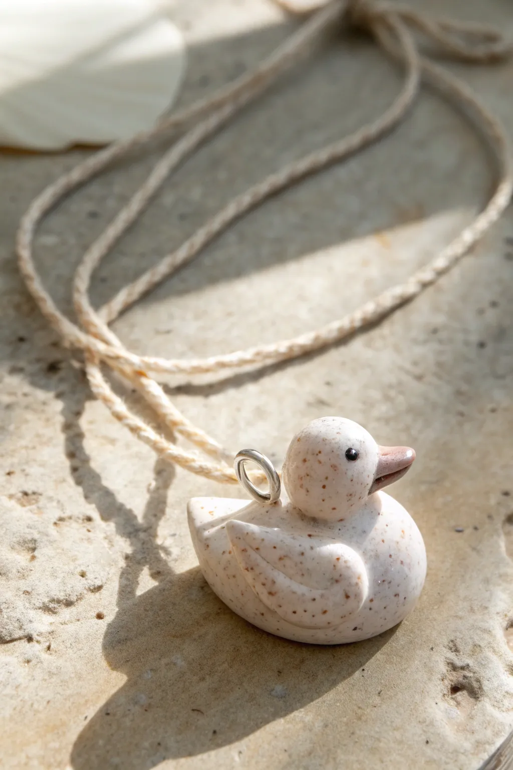 Minimalist clay duck charm pendant on cord, Scandinavian boho styling, crisp close-up.