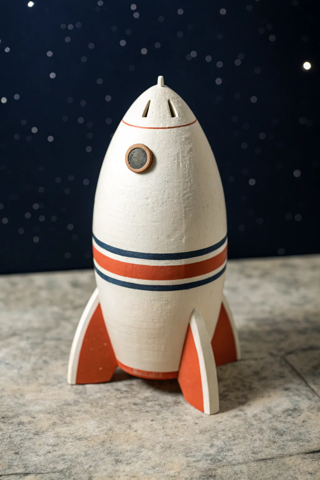 Minimal clay rocket coin bank with bold stripes, a fun space-themed keepsake for boys