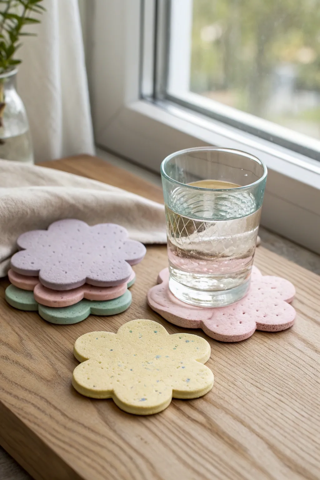 Pastel flower clay coasters stacked neatly, adding sweet boho charm to a cozy drink moment.