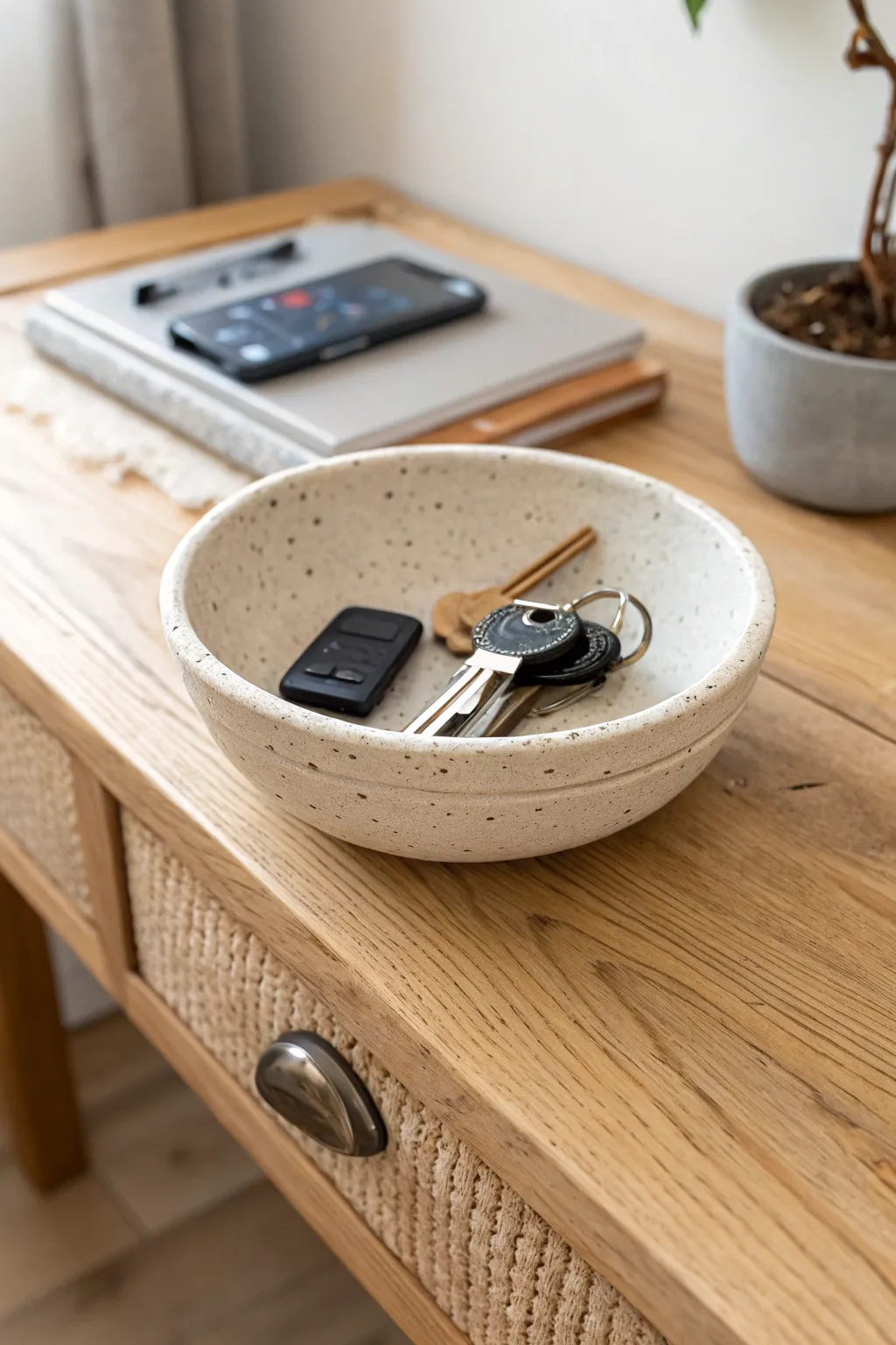 Rugged speckled key bowl with car keys and a pocket tool, minimalist entryway style