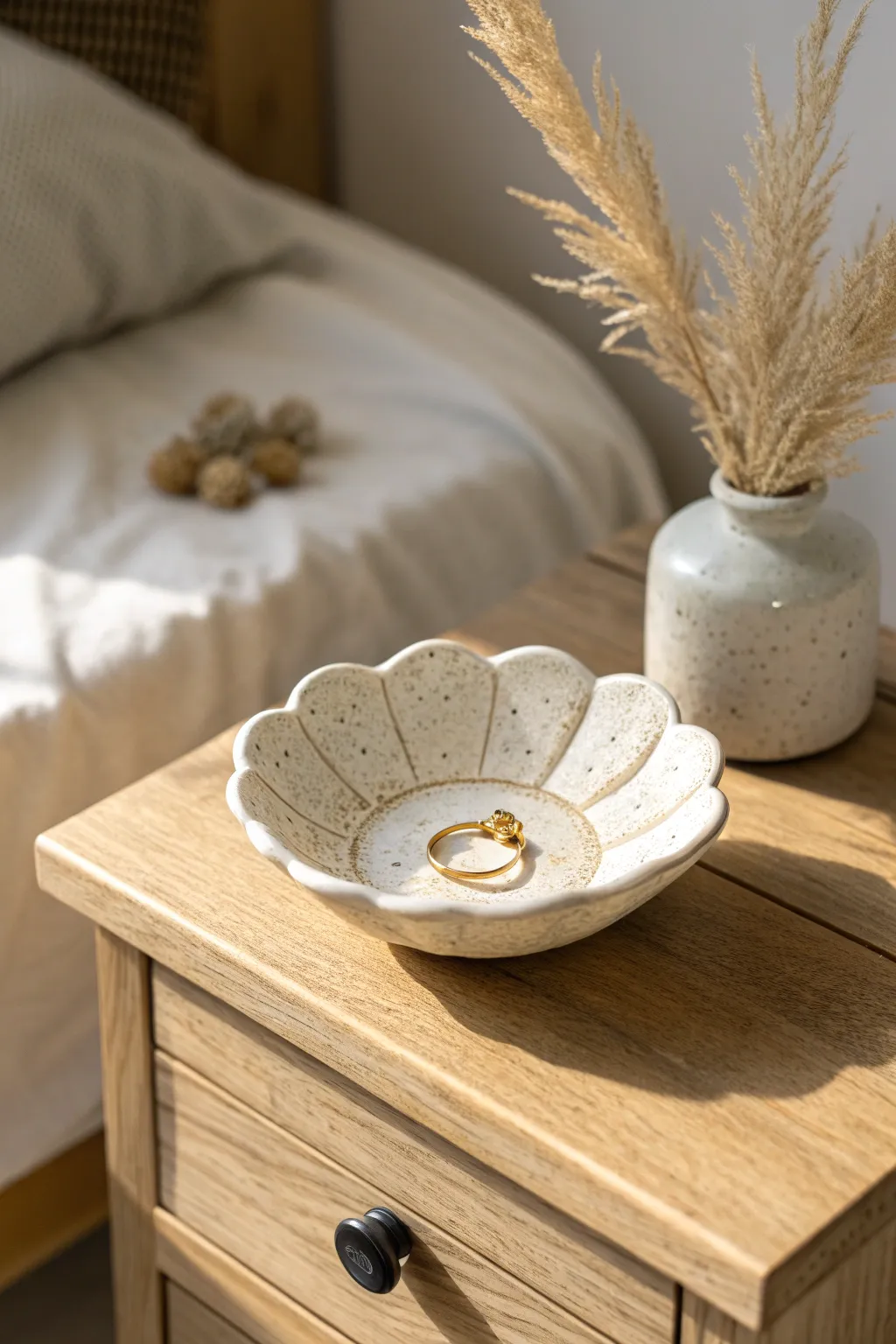 Sweet daisy ring dish for mom, a simple handmade clay gift that looks lovely by the bed