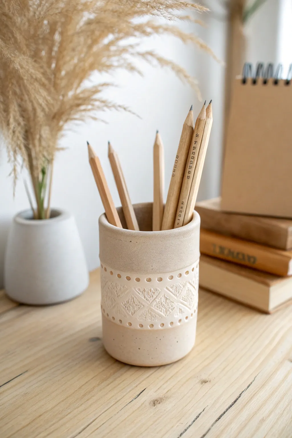 Minimal clay pencil cup for teachers, with a stamped label space and soft Scandinavian styling