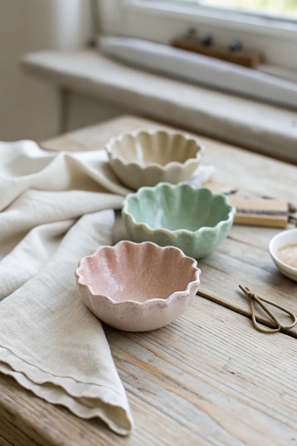 Mini scalloped catch-all bowls in soft pastels, perfect for teen desk treasures.