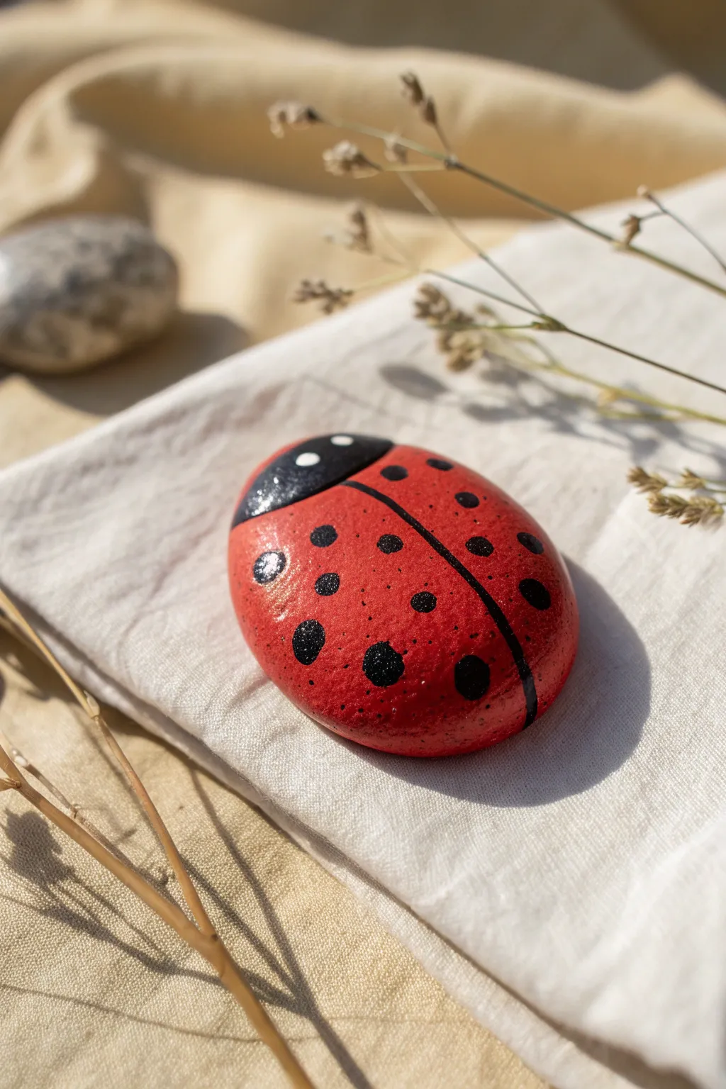 Sweet thumbprint ladybug stone in clay, a simple toddler-friendly keepsake with Scandinavian calm.