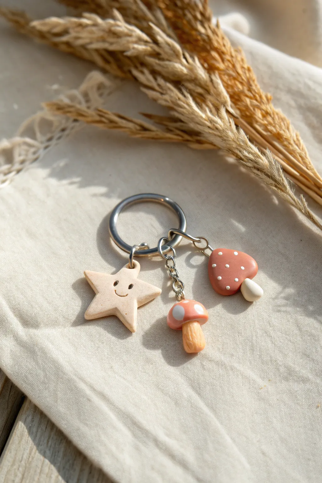 Tiny handmade clay charms for keychains and bags, simple shapes in soft earthy tones.