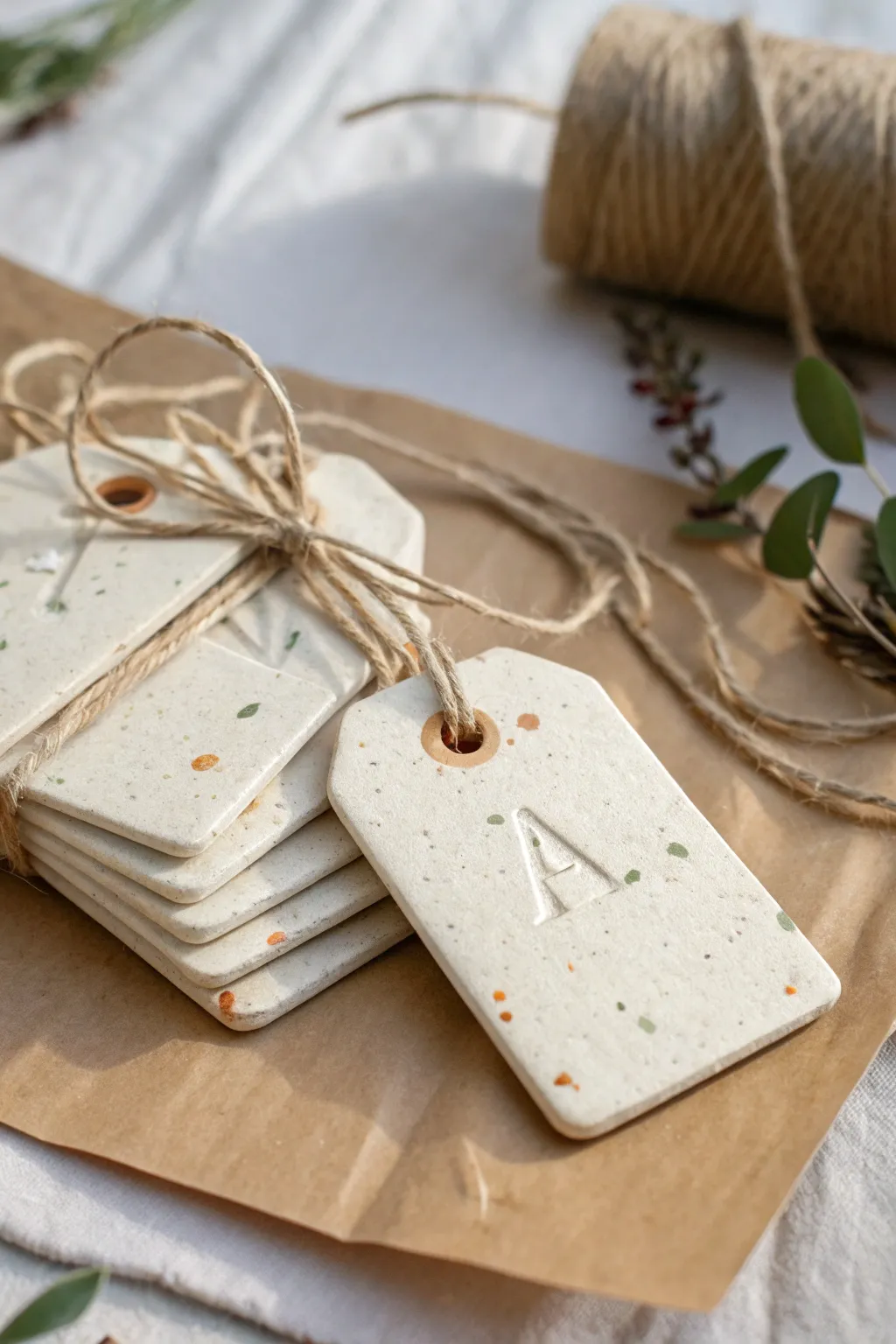 Gift-ready clay name tags with stamped initials and twine, minimalist and handmade for selling