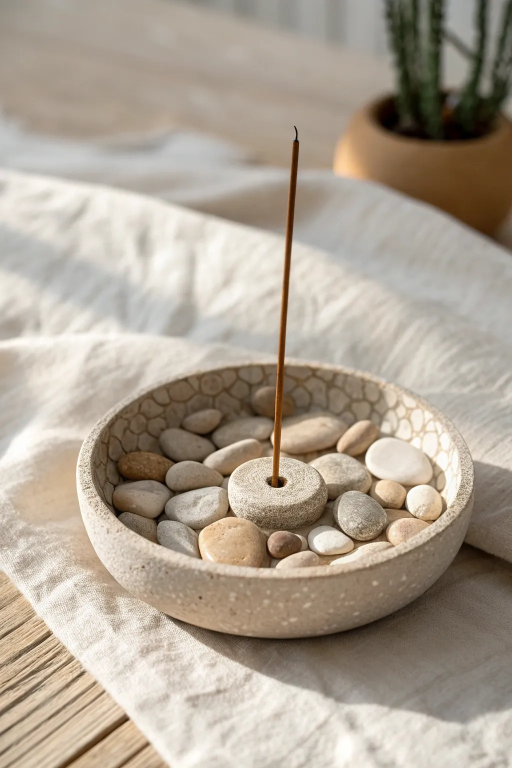 Pebble-texture clay zen dish with a single incense stick for calm, minimalist boho style.
