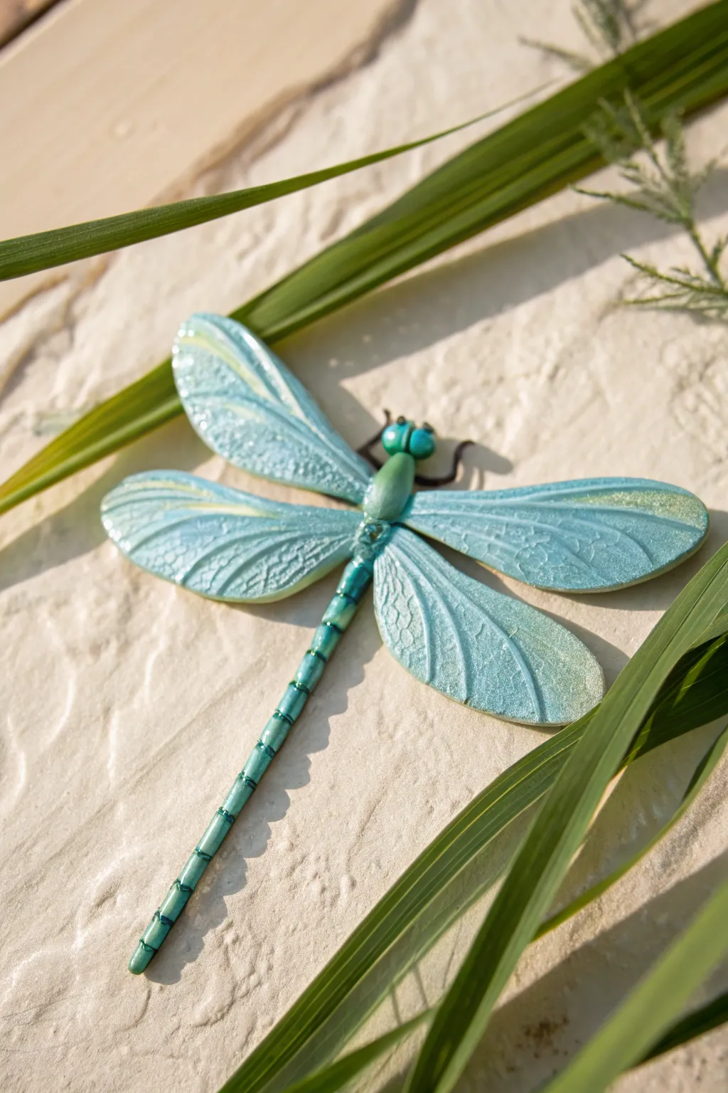 Easy flat-wing clay dragonfly in bright teal, minimalist styling with soft boho warmth