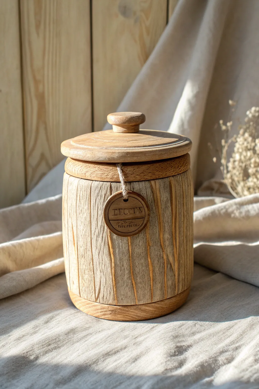 Warm wood plank–textured clay pantry jar with a simple blank label plaque, minimal and cozy.
