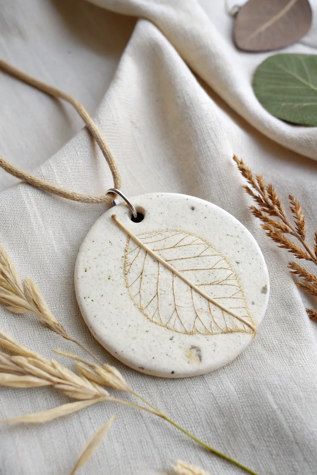 Pressed leaf medallion clay pendant necklace with calm earthy tones and crisp botanical detail.