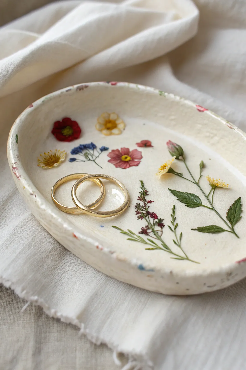 Romantic pressed-flower clay dish for rings and charms, simple Scandinavian boho styling.