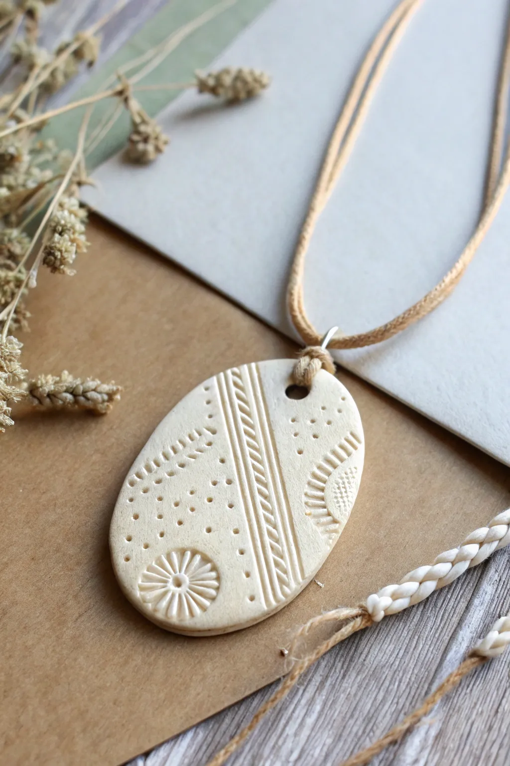 Stamped textured clay pendant on simple cord, minimalist boho jewelry inspiration in neutral tones.