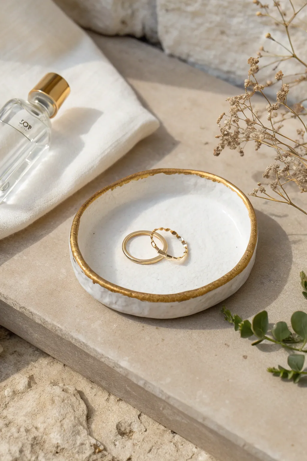 Simple clay jewelry tray with a crisp gold rim, styled for rings and a tiny scent bottle.
