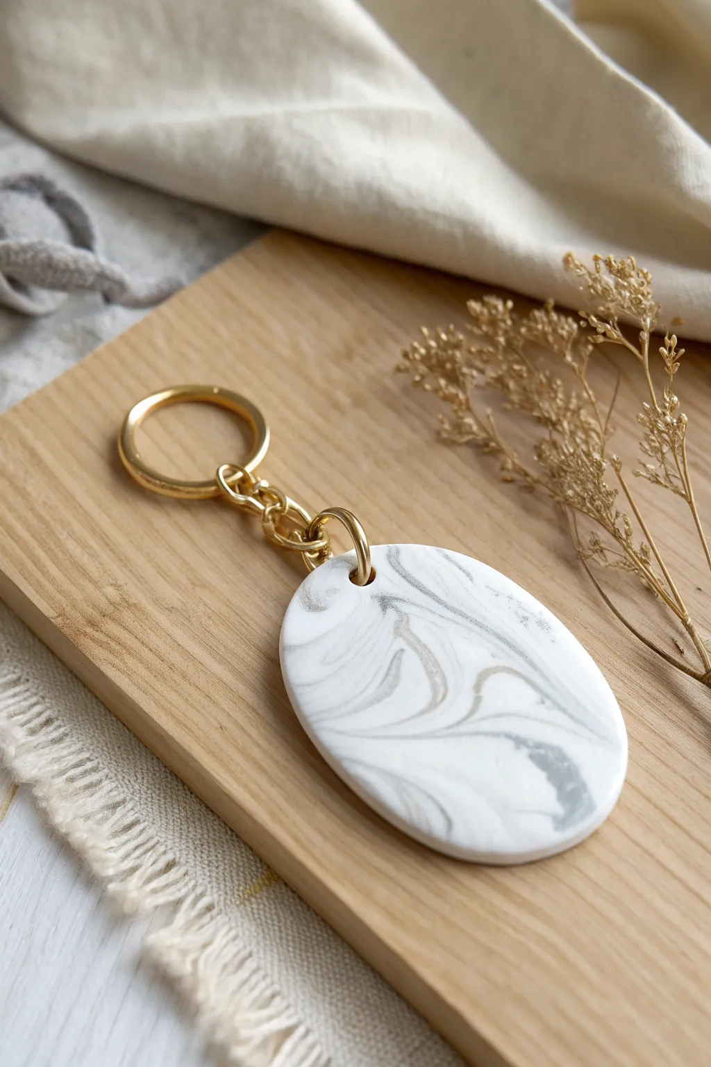 DIY faux marble clay slab keychain with soft gray swirls and a sleek polished finish