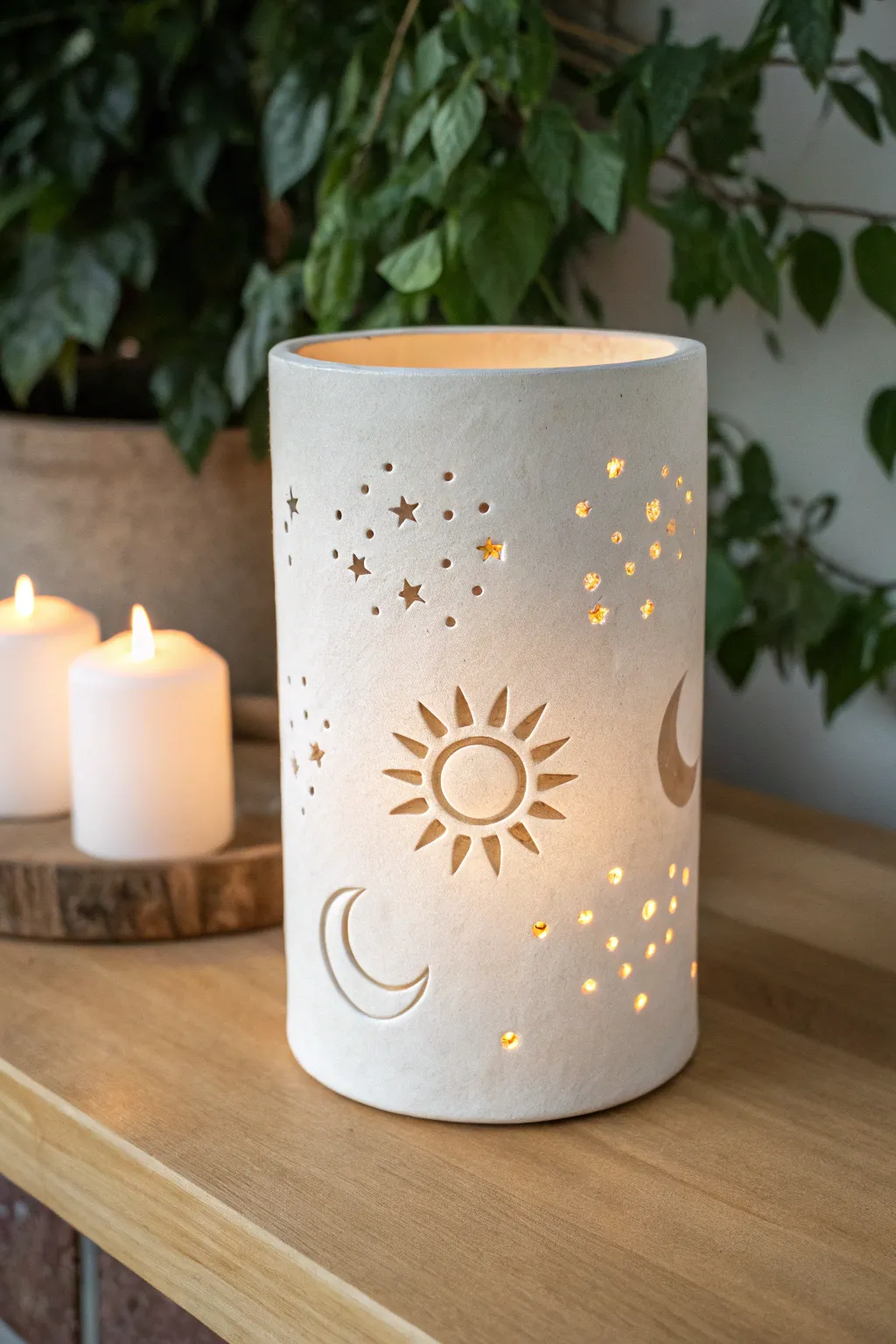 Soft glow meets celestial cutouts: a minimalist clay lantern casting moon and sun shadows.