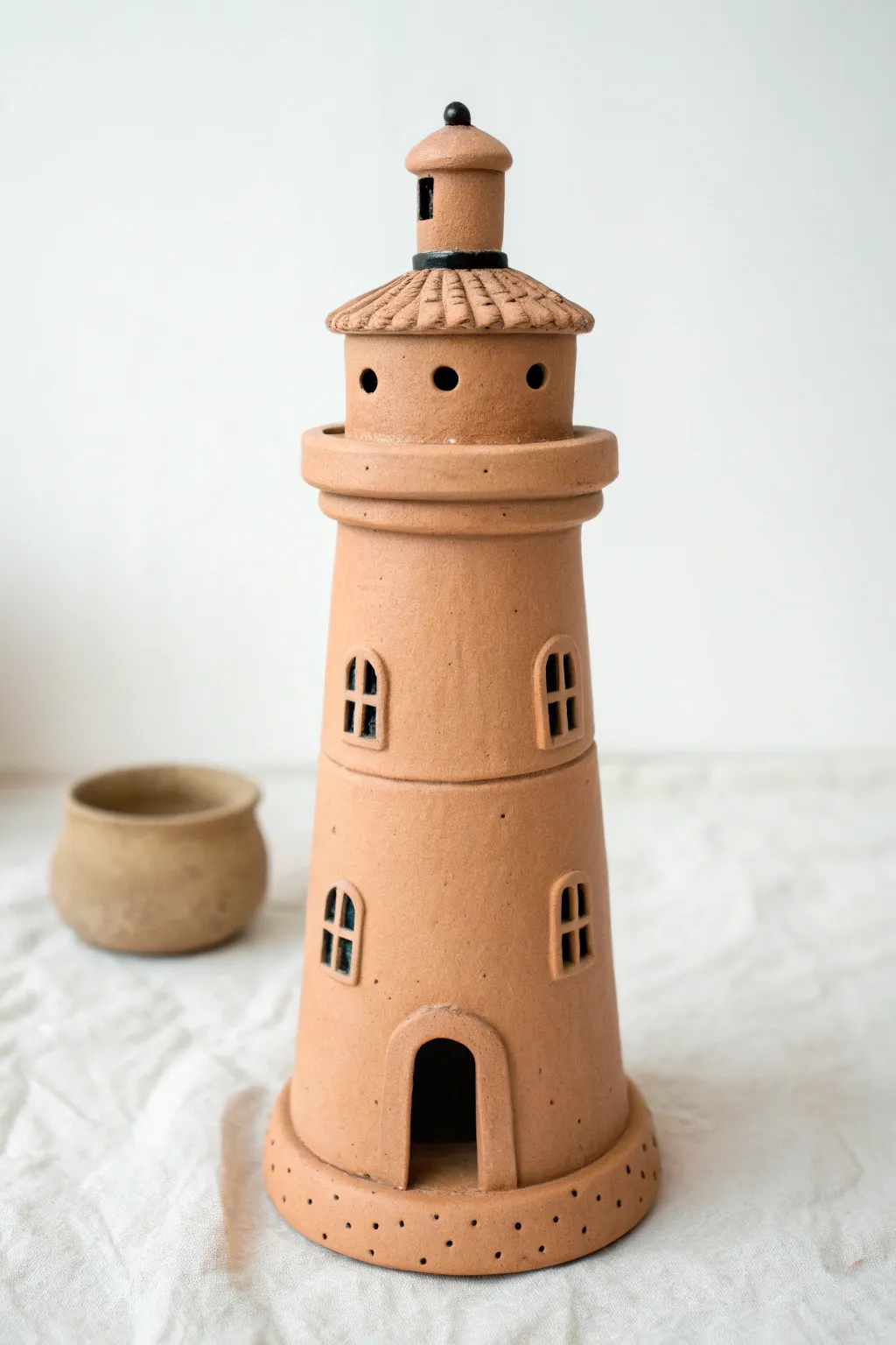 Minimal terracotta lighthouse with crisp black windows, an arched door, and a clean trim line.
