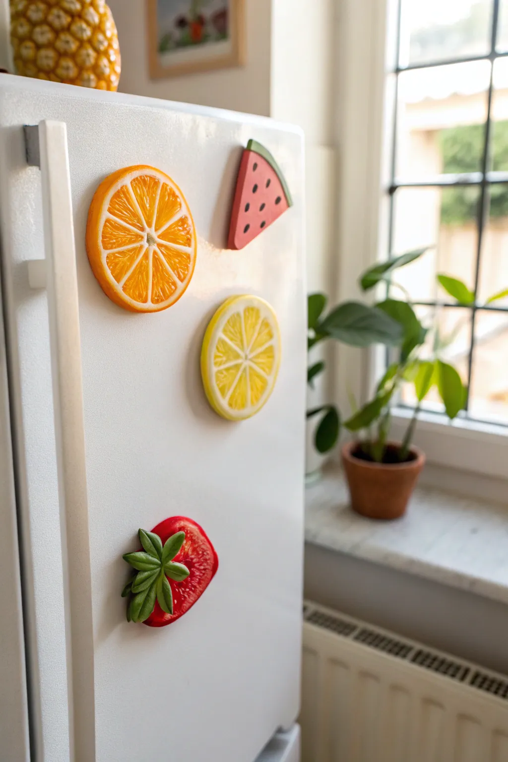 Juicy fruit slice clay magnets on a crisp white fridge, bright, minimal, and irresistibly fresh