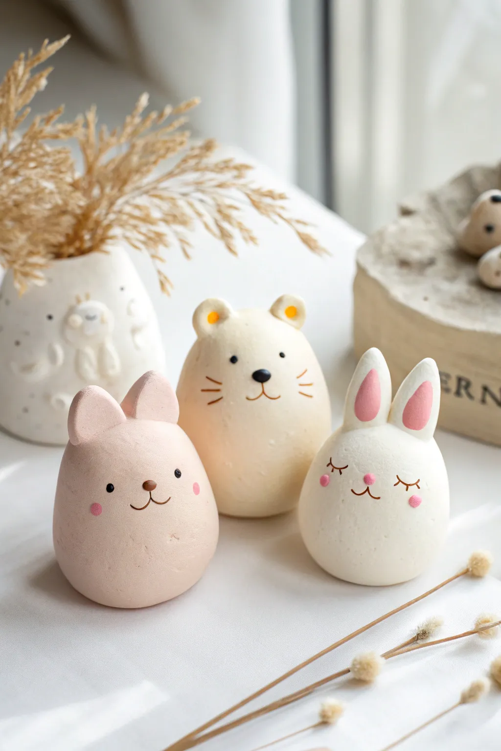 Cute blob animals in pastel clay: easy kawaii figurines for a minimalist, boho shelf.