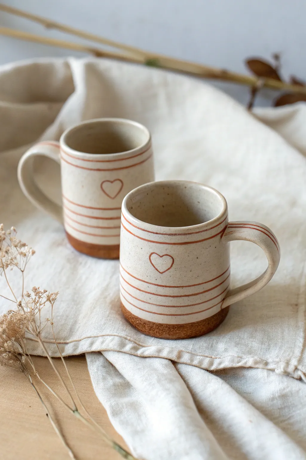 Matching mini mugs for two, simple handmade charm with a shared stripe and tiny heart detail